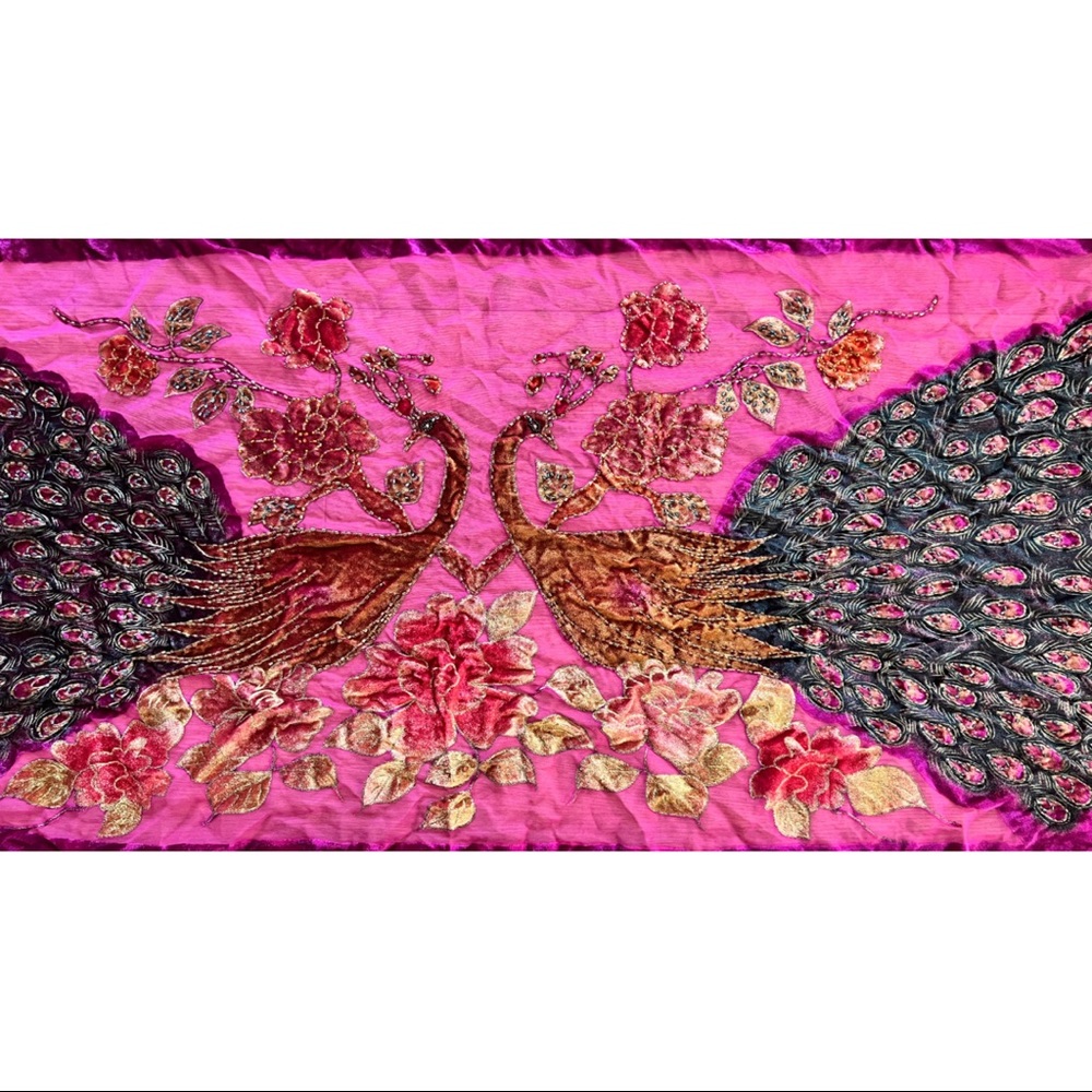 Velvet Pink Peacock Shawl with Beaded Details